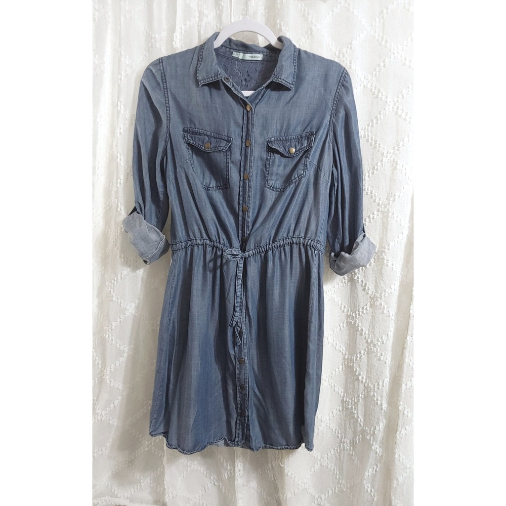 Maurices Blue Chambray Lace Back Shirt Dress Small Button Front Drawstring Waist
